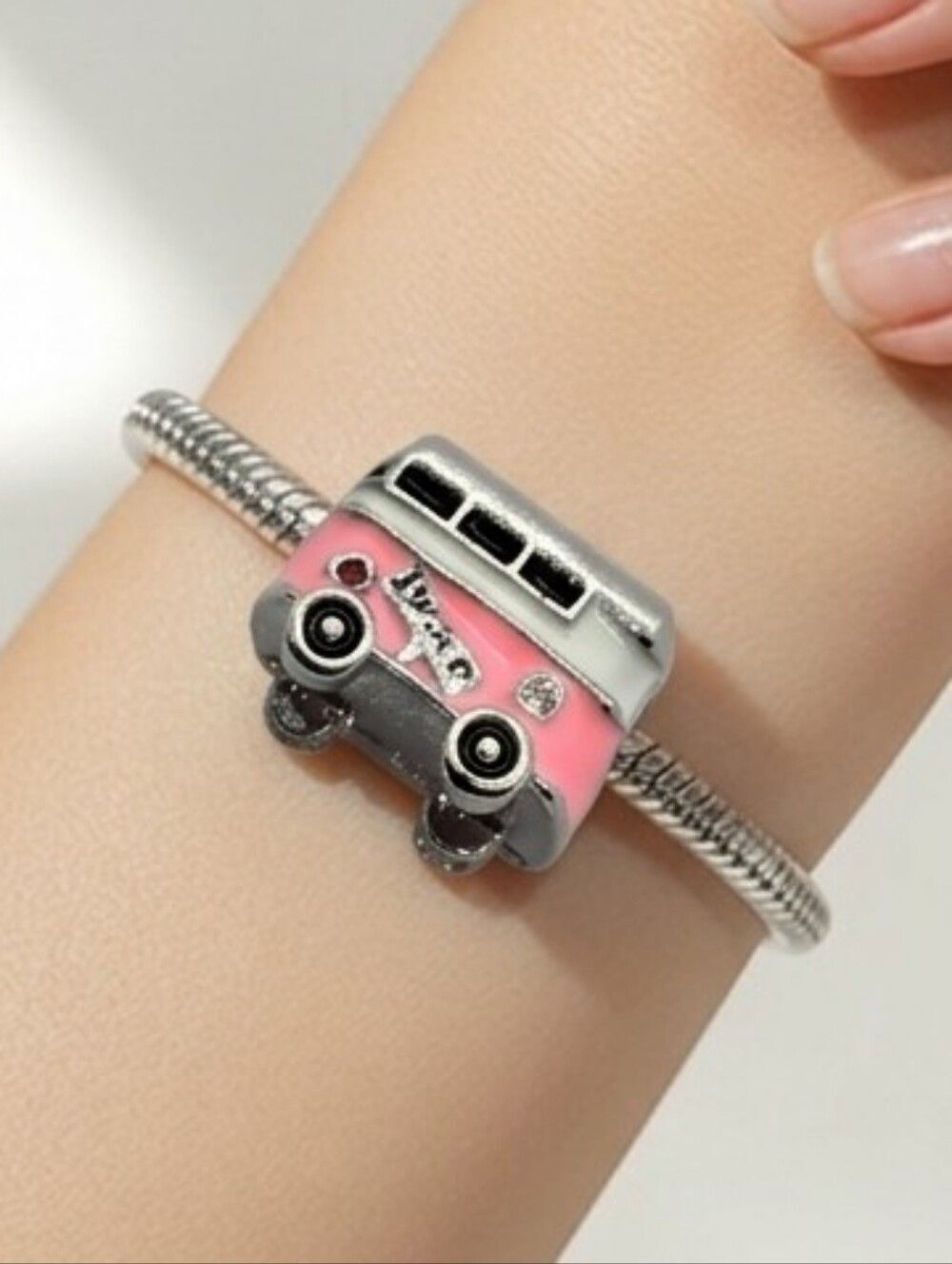 Pink Hippie Van Charm Peace Bus Silver Bead VW Style Slide Charm Retro 70s Gift